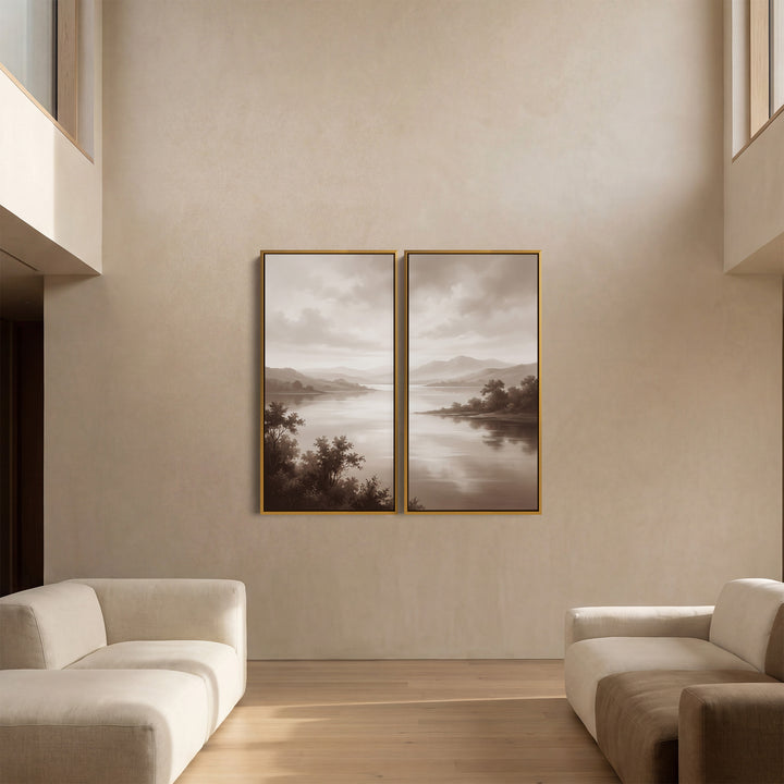 Oversized Diptych Wall Art Misty Lake Mountains for Bedroom Neutral Nature