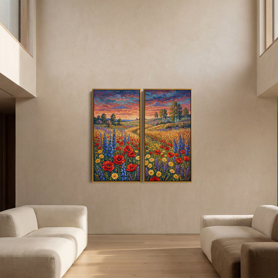 Set Of 2 Wall Art Colourful Wildflower Meadow for Dining Room Sunset Path