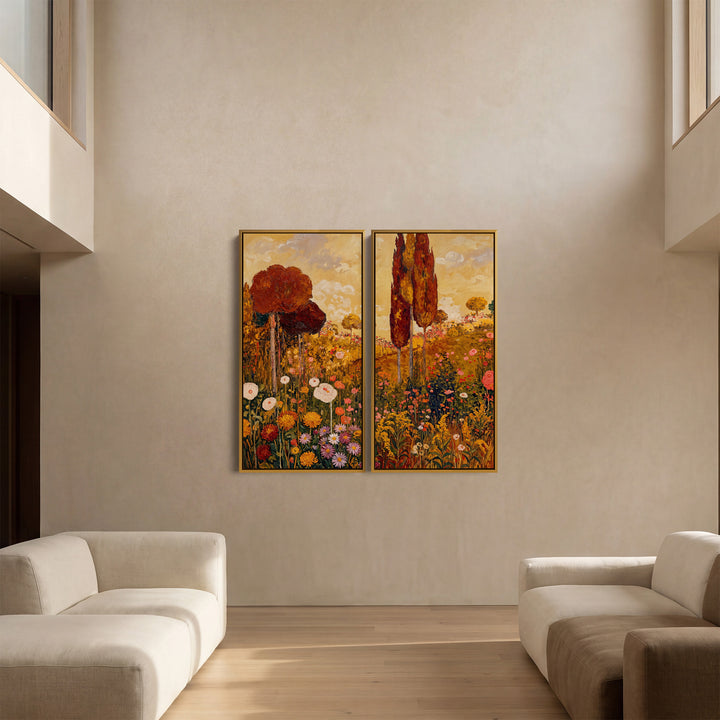 Golden Floral Landscape 2 Piece Wall Art Set for Hallway Countryside Scene