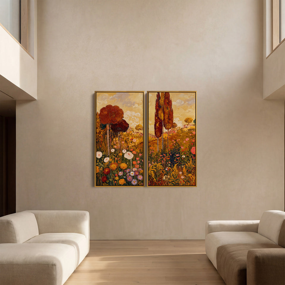 Golden Floral Landscape 2 Piece Wall Art Set for Hallway Countryside Scene