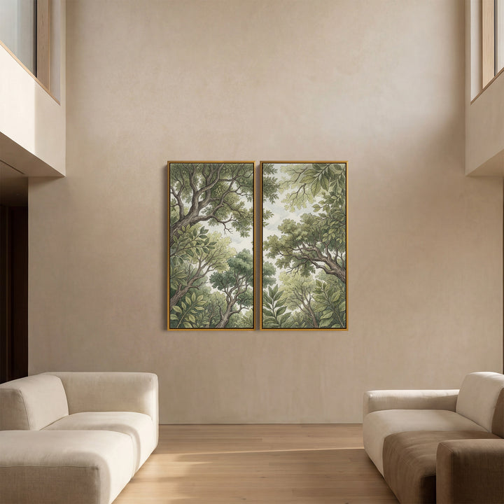 Vertical Diptych Wall Art Woodland Canopy Drawing for Bedroom Green Trees