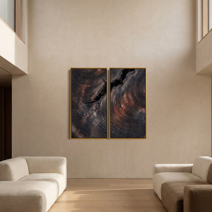 Large Diptych Wall Art Dark Wood Grain for Office Minimalist Abstract