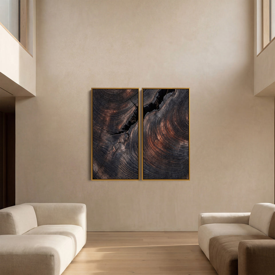 Large Diptych Wall Art Dark Wood Grain for Office Minimalist Abstract