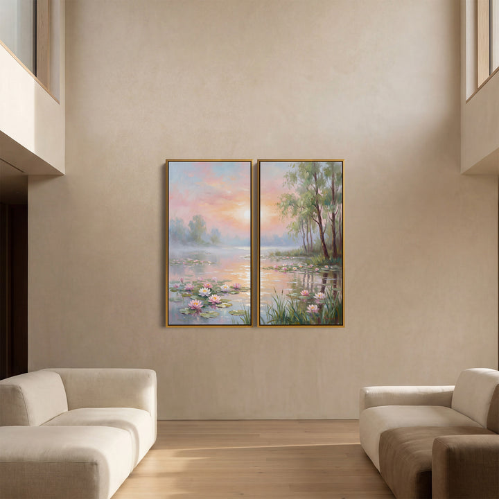 Oversized Canvas Wall Art Set Pastel Water Lilies for Bedroom Lake Scene