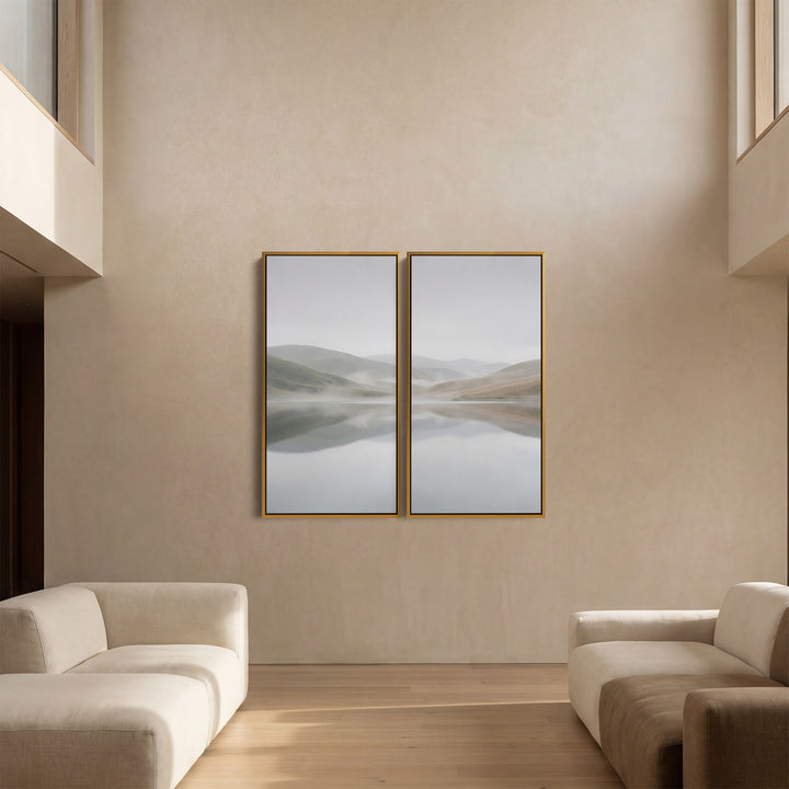 Large Scale Wall Art Set Misty Lake Hills for Living Room Minimal Landscape