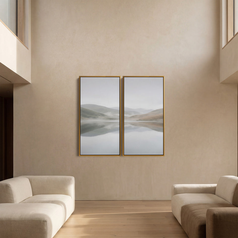 Large Scale Wall Art Set Misty Lake Hills for Living Room Minimal Landscape
