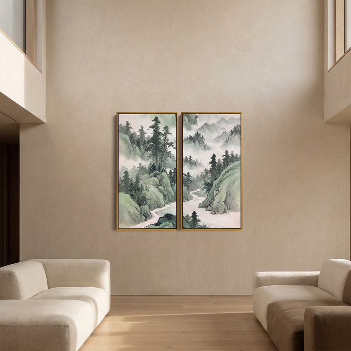 Misty Mountain River Diptych Wall Art for Living Room Forest Landscape