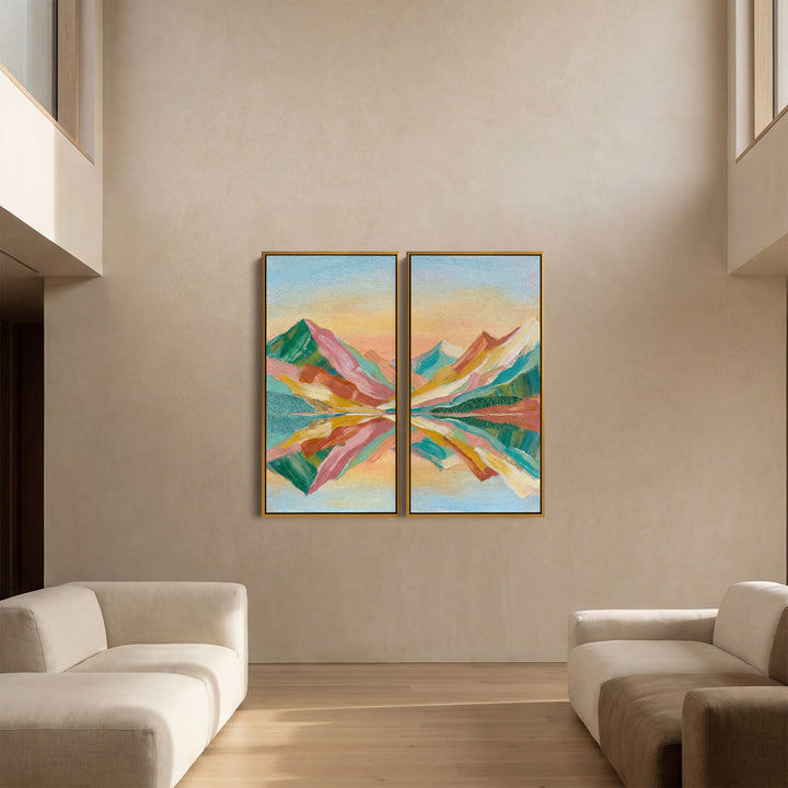 Colourful Peaks Oversized Diptych Wall Art Bedroom Mountain Lake Reflection