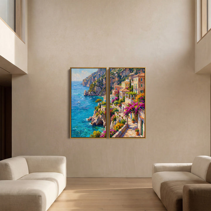 Set Of 2 Wall Art Mediterranean Coastal Village for Dining Room