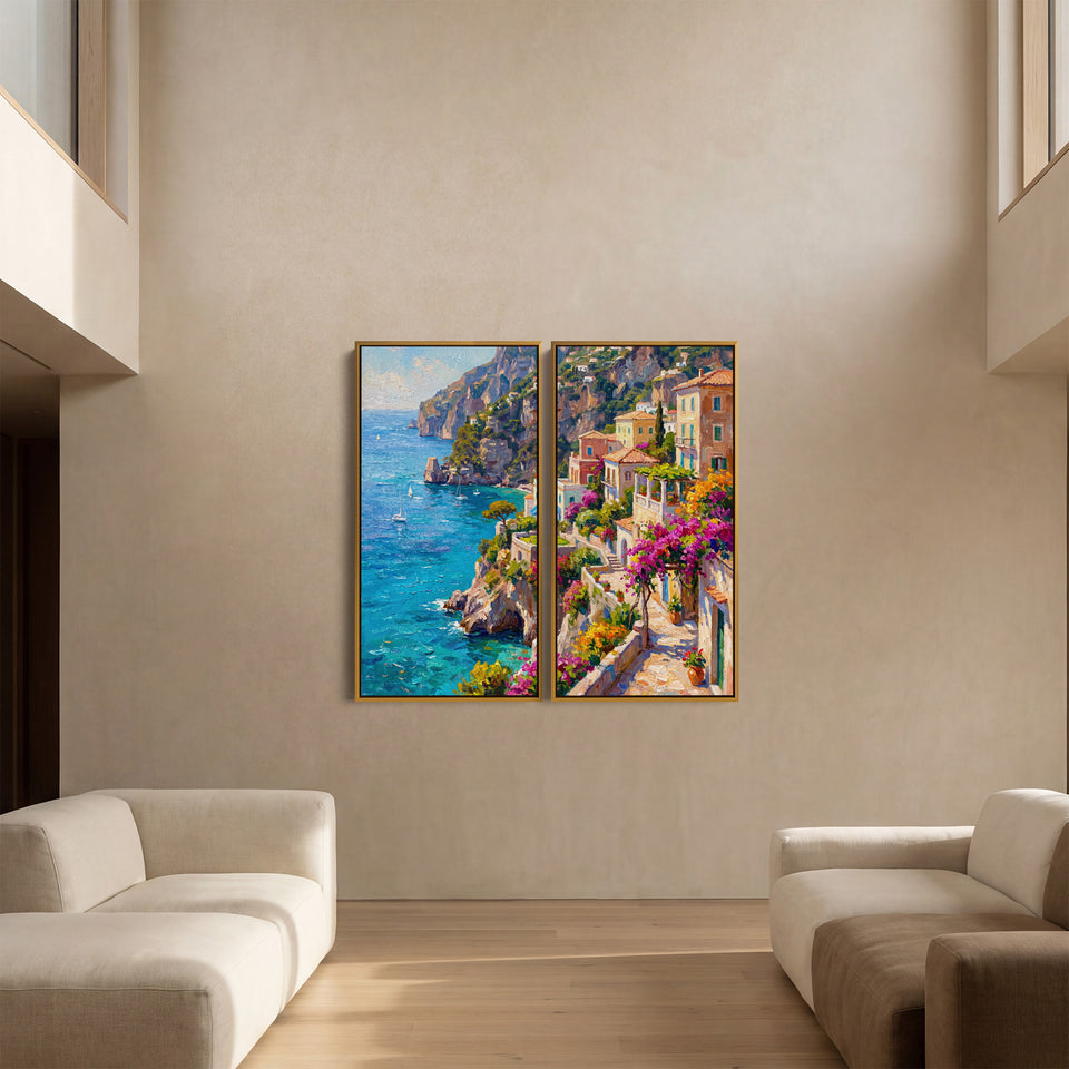Set Of 2 Wall Art Mediterranean Coastal Village for Dining Room
