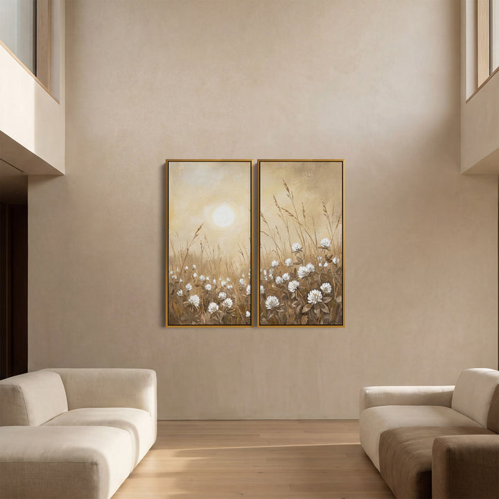 Golden Meadow Two Panel Wall Art Bedroom Wildflower Sunrise