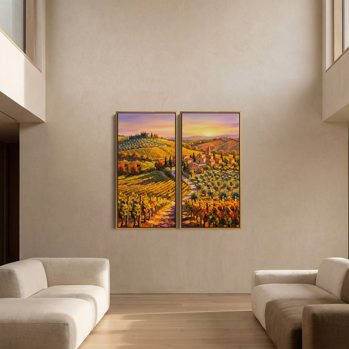 Vertical Diptych Wall Art Quiet Vineyard Village Hallway Landscape