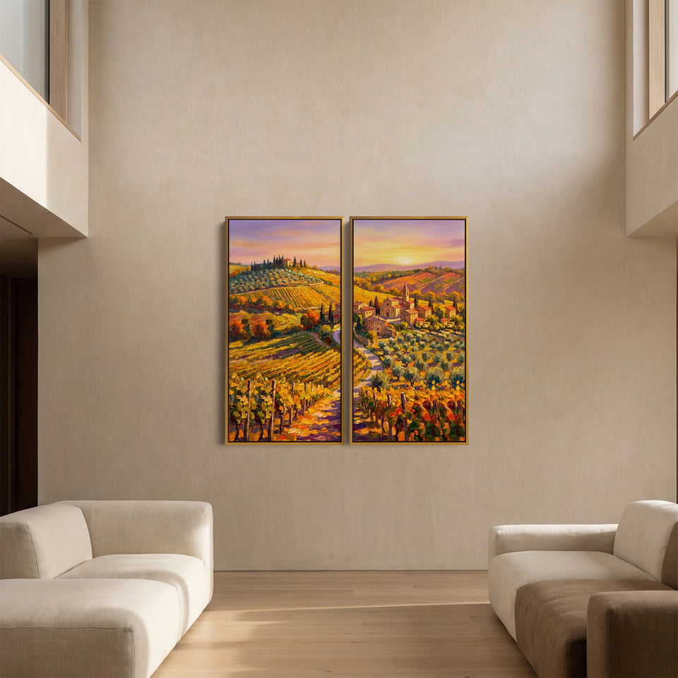 Vertical Diptych Wall Art Quiet Vineyard Village Hallway Landscape
