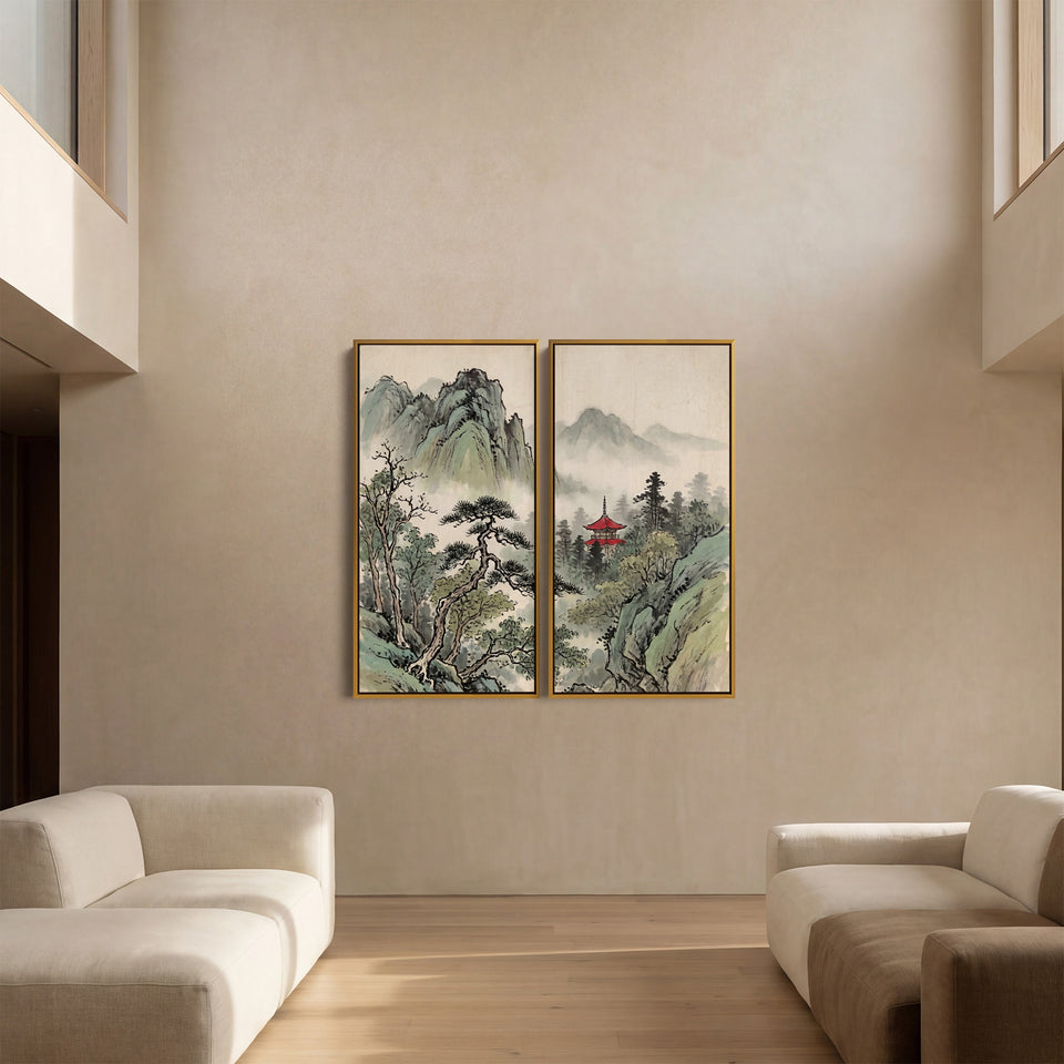 Misty Temple Diptych Wall Art Living Room Japanese Mountains