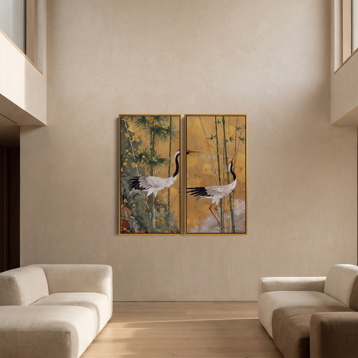 Golden Cranes Oversized Diptych Wall Art Dining Room Bamboo
