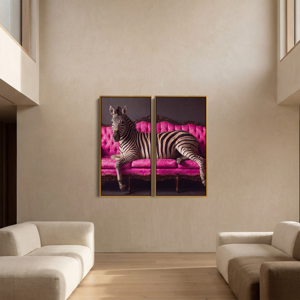 Zebra On Pink Sofa 2 Piece Wall Art Set Living Room