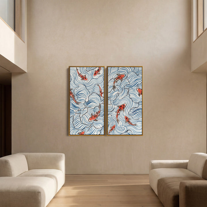 Koi Wave Pattern Large Scale Wall Art Set Living Room