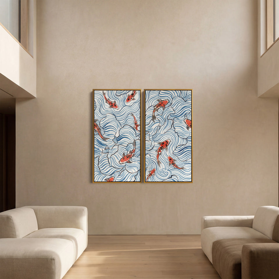 Koi Wave Pattern Large Scale Wall Art Set Living Room