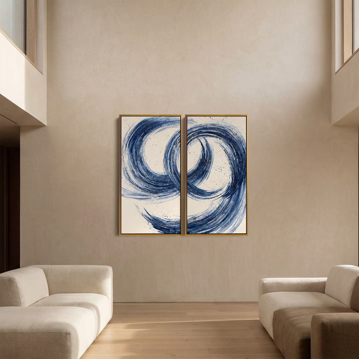 Oversized Diptych Wall Art Abstract Blue Brushstrokes Office