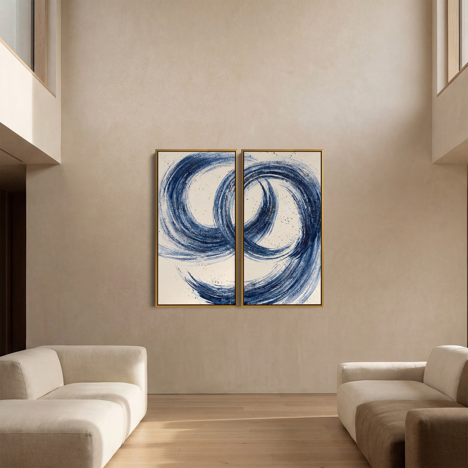 Oversized Diptych Wall Art Abstract Blue Brushstrokes Office