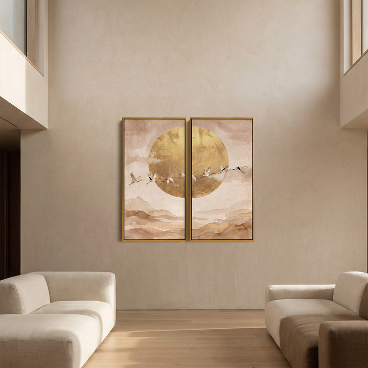 Set Of 2 Wall Art Flying Cranes Dining Room Golden Sun
