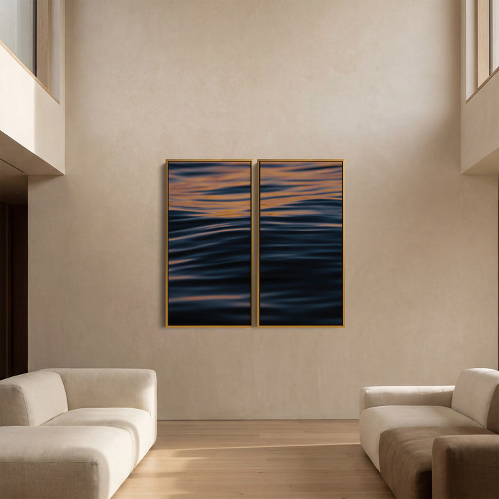 Orange Sea Ripples Three Panel Wall Art For Kitchen With Deep Blue Water