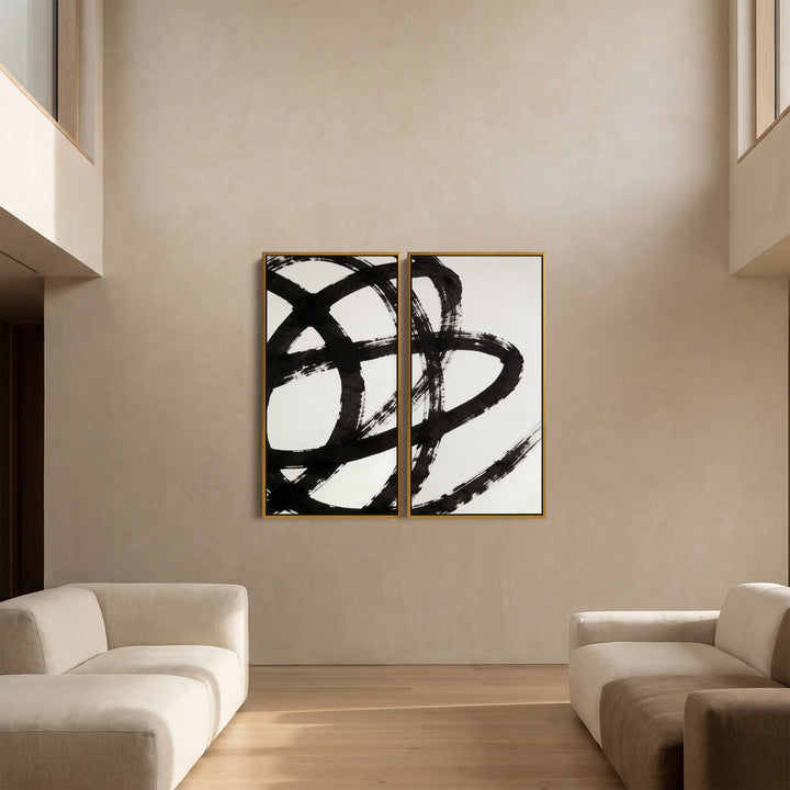 Black Abstract Brushstrokes Large Diptych Wall Art For Hallway