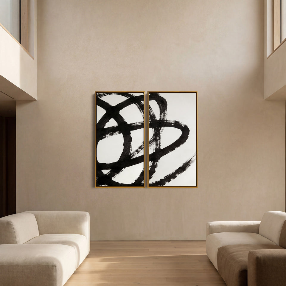 Black Abstract Brushstrokes Large Diptych Wall Art For Hallway
