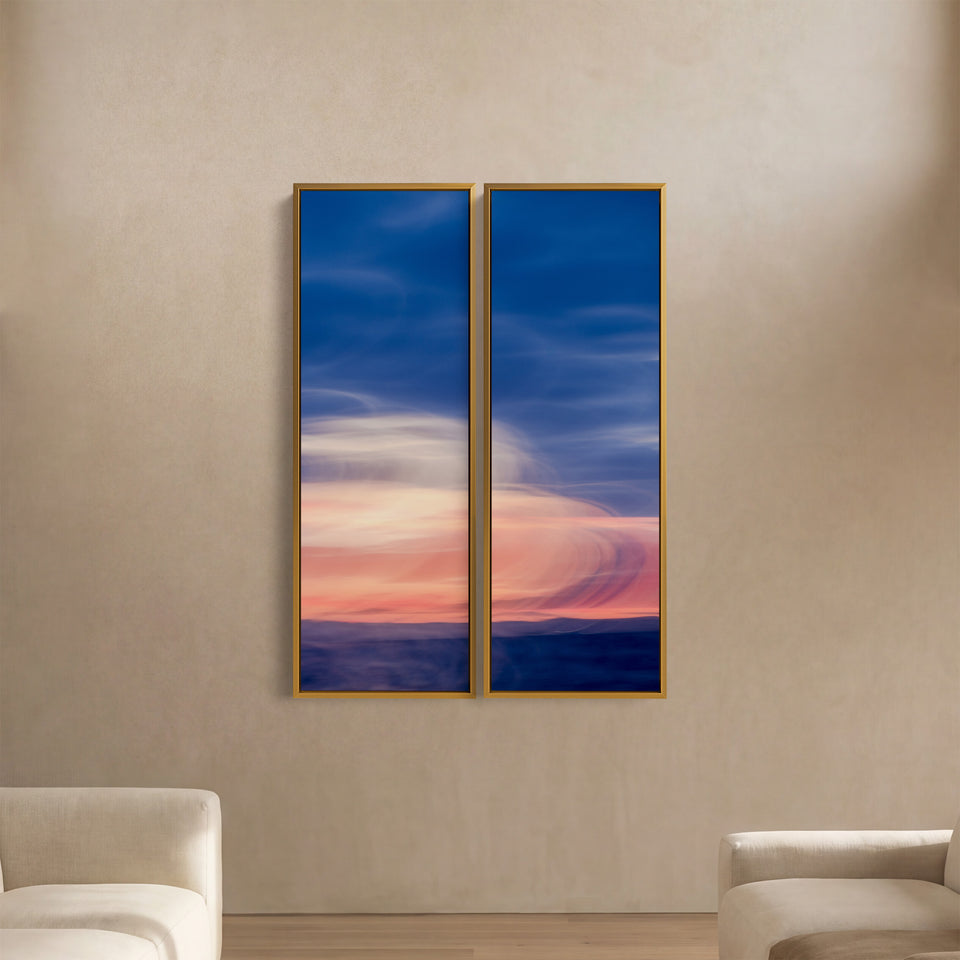 Soft Coastal Horizon Three Panel Wall Art For Dining Room In Blue And Pink