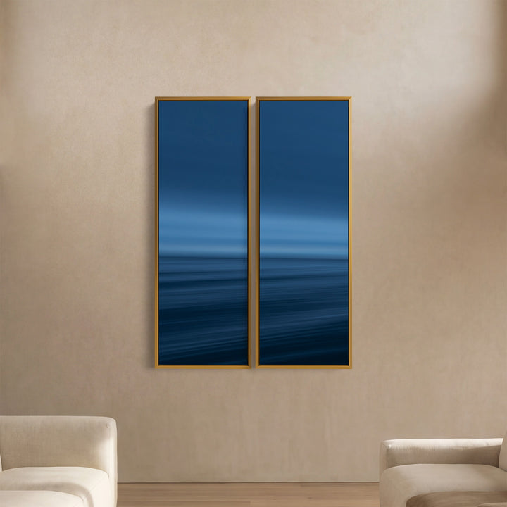 Blue Ocean Horizon Vertical Triptych Wall Art For Kitchen Calm Sea View
