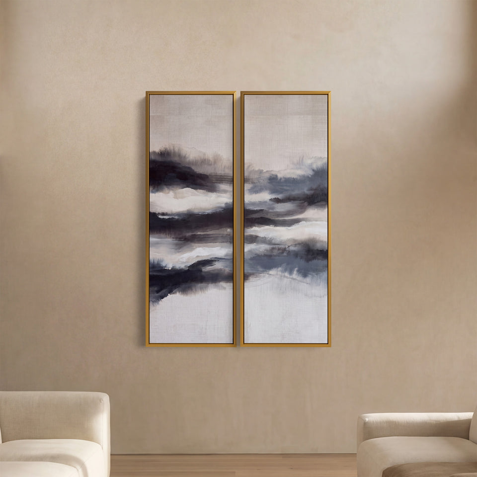 Misty Abstract Diptych Wall Art For Living Room In Black Grey And White