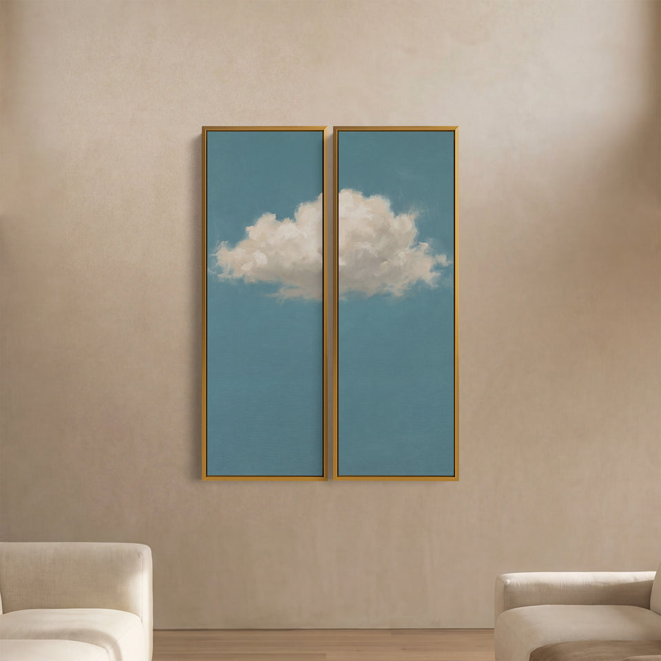 Blue Sky Oversized Diptych Wall Art With Single White Cloud For Bedroom