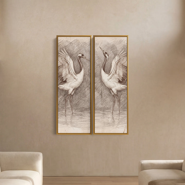 Two Cranes Sketch 2 Piece Wall Art Set In White Brown Grey For Dining Room