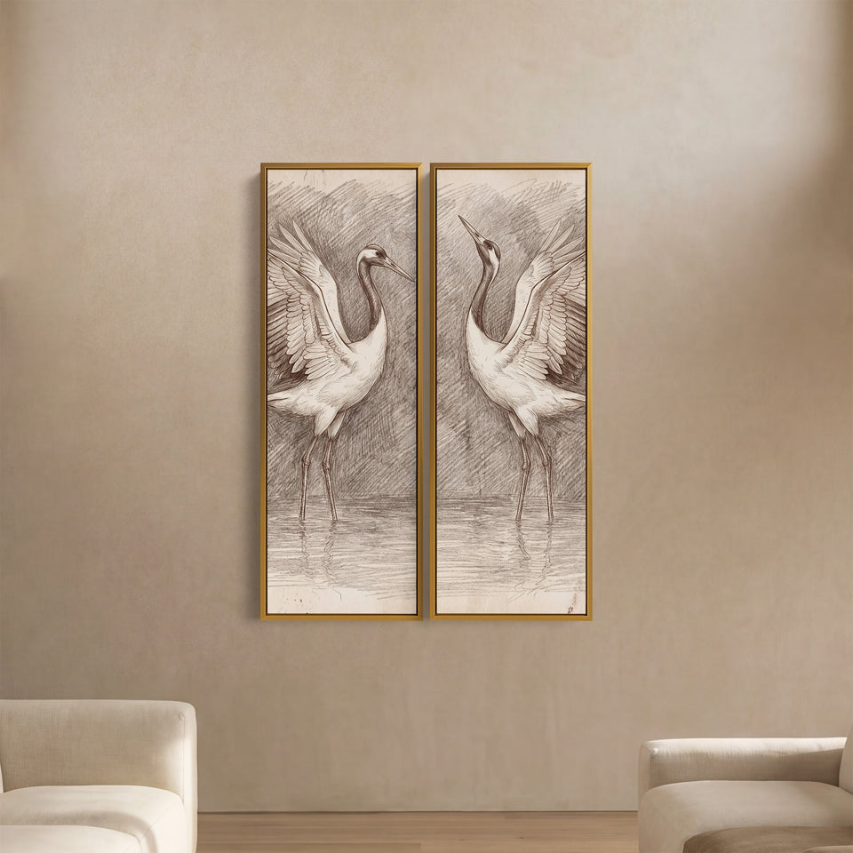 Two Cranes Sketch 2 Piece Wall Art Set In White Brown Grey For Dining Room