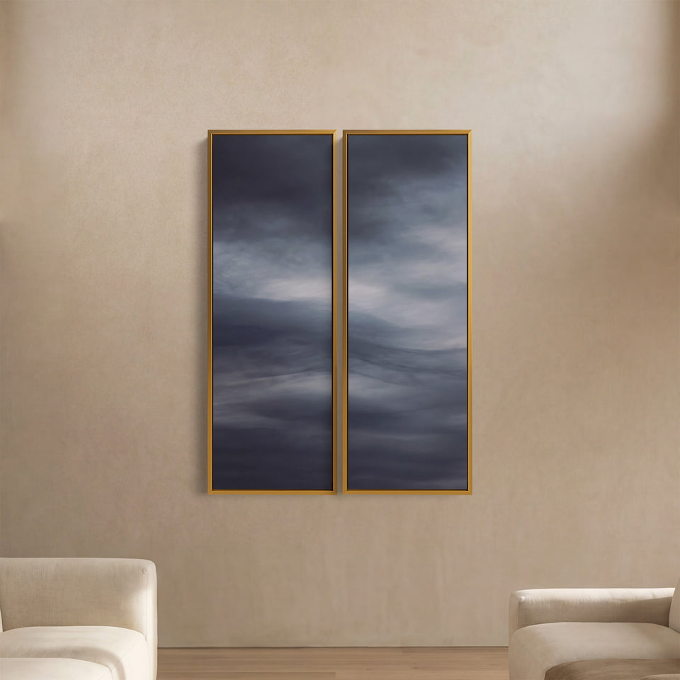Dark Abstract Storm Clouds Two Panel Wall Art In Grey Black Blue For Office