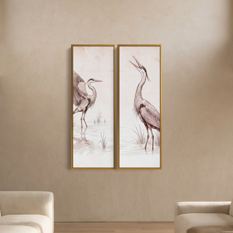 Two Herons In Marsh Vertical Diptych Wall Art For Kitchen In White Brown Grey