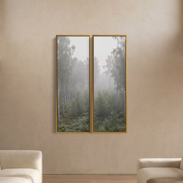 Misty Birch Forest Large Diptych Wall Art In Green White Grey For Bedroom