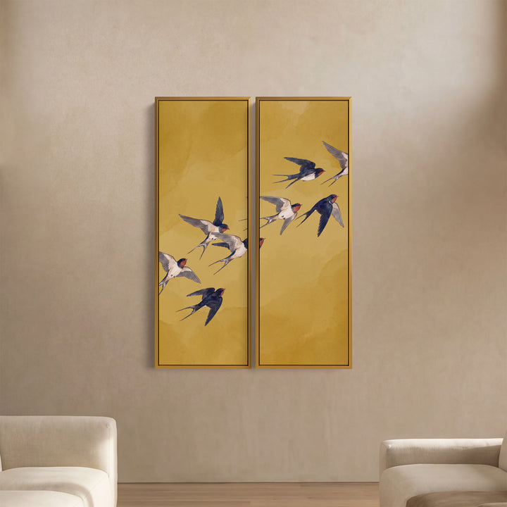 Flying Swallows Oversized Canvas Wall Art Set On Yellow For Hallway