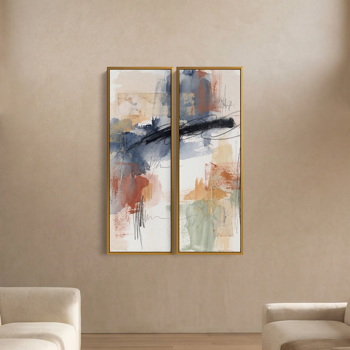 Verticale muurkunstset van 2 met inktkrabbels over blauwe en oranje kleurwassingen voor kantoor