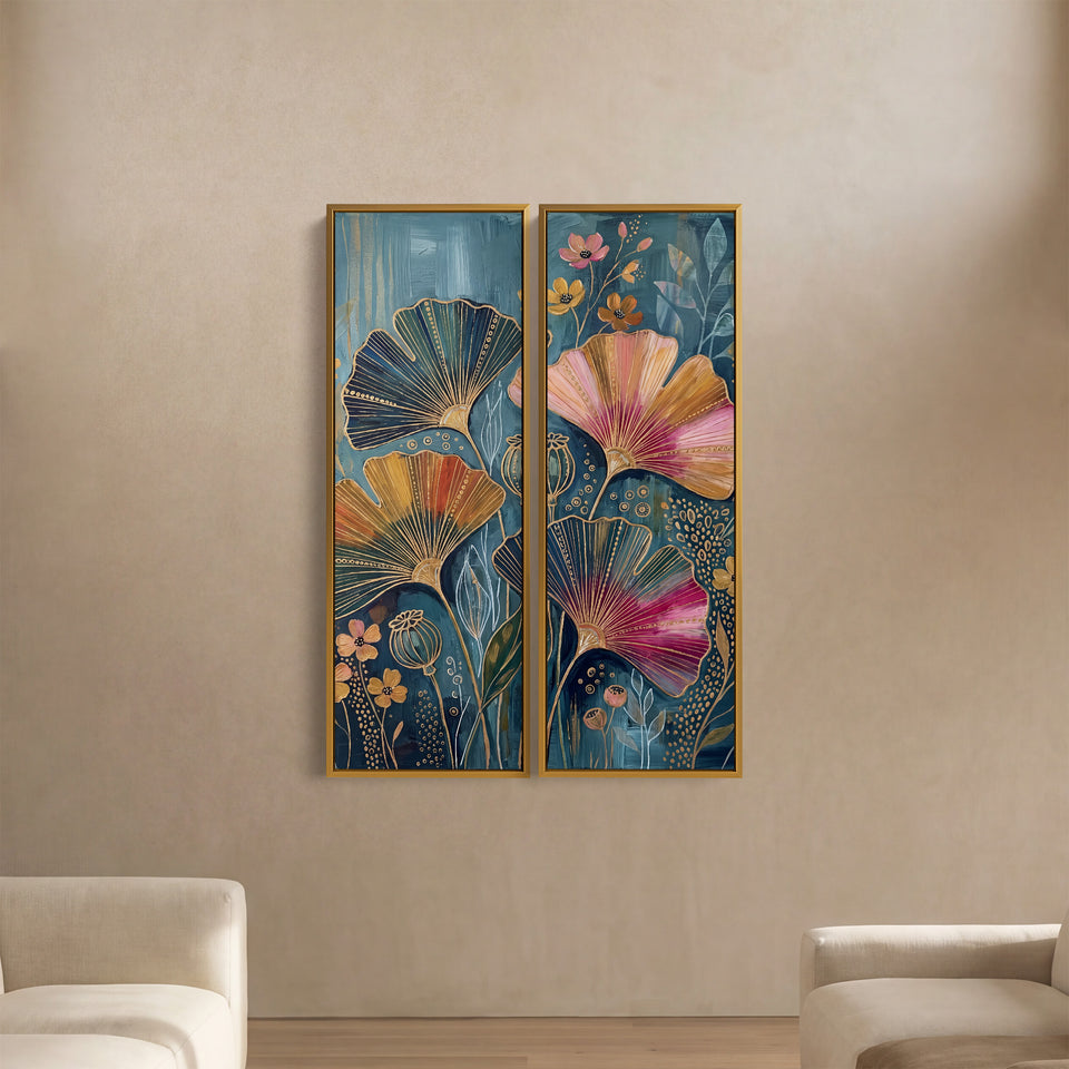 Wall Art Set Of 2 Fan Flowers Outlined In Gold On Deep Blue Dining Room