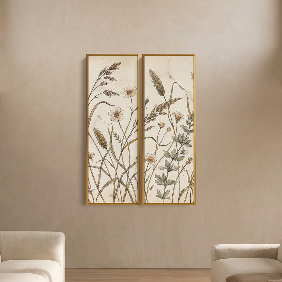 Wandkunst-Set aus 2 Bildern: Gepresste Gräser und Samenstände, Büro, Herbarium, Arbeitszimmer
