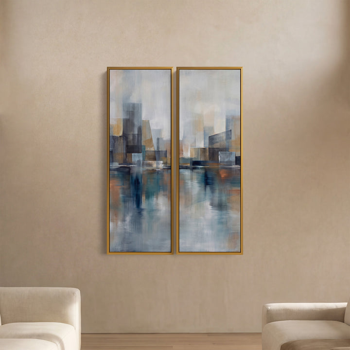 Wanddecoratieset van 2 met stadsbeeld weerspiegeld in water, woonkamer, blauwgrijs