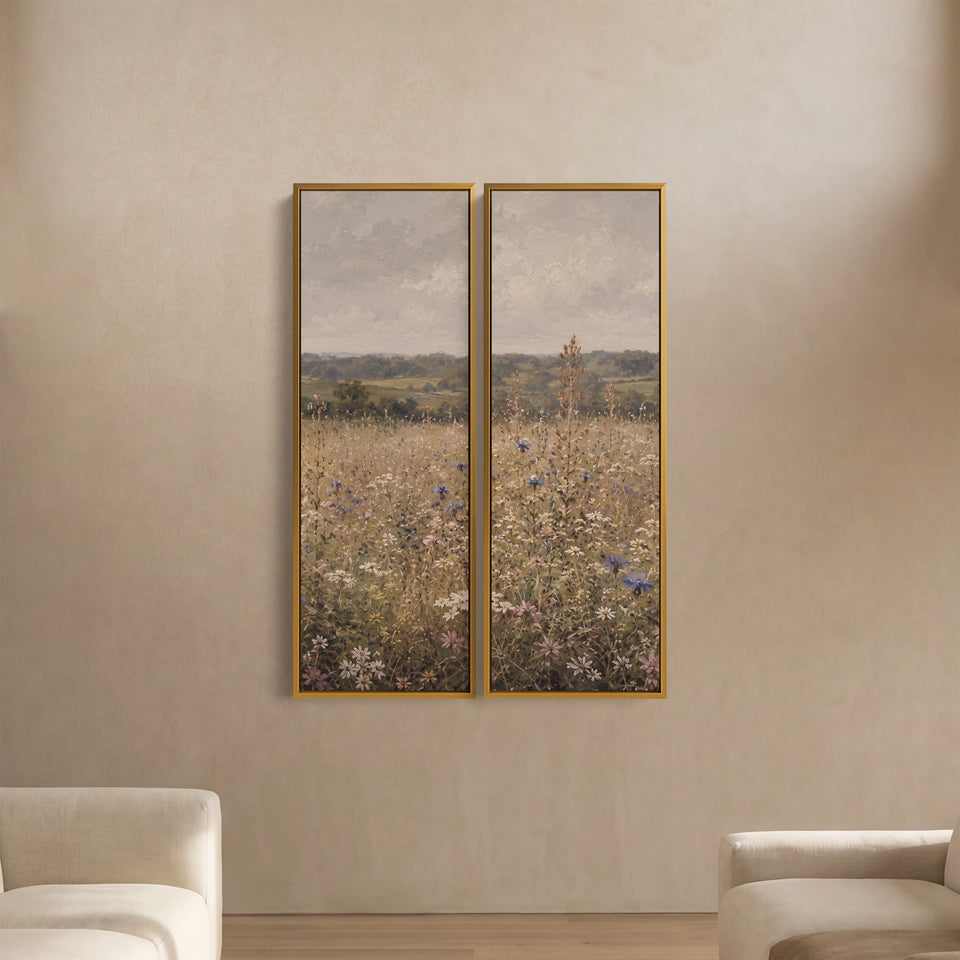 Verticale wanddecoratieset van 2 met korenbloemenweide, eetkamer, bewolkte lucht