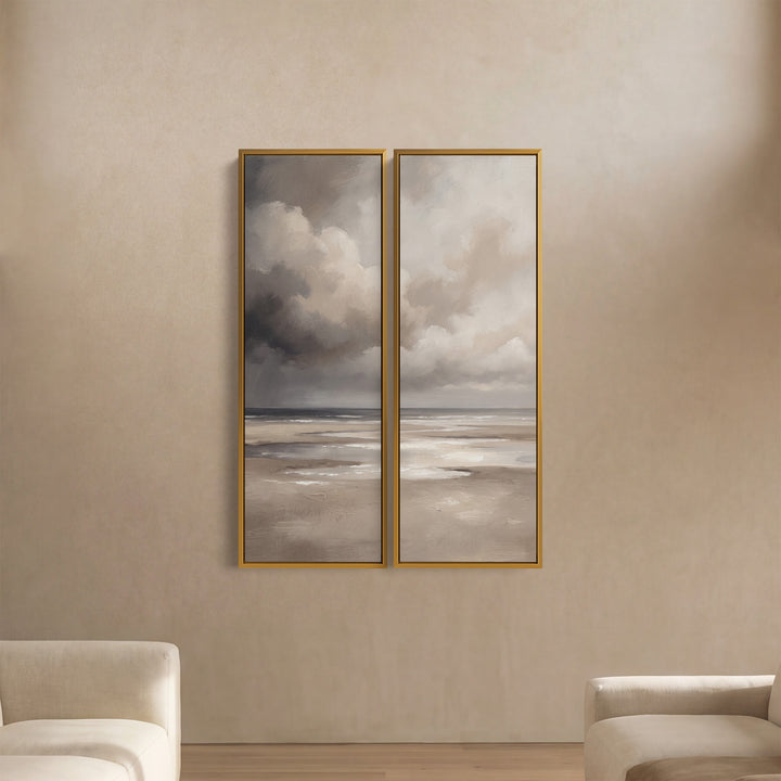 Wanddecoratie met regenwolk boven een nat zandstrand, 2-delig, hal, grijze kust