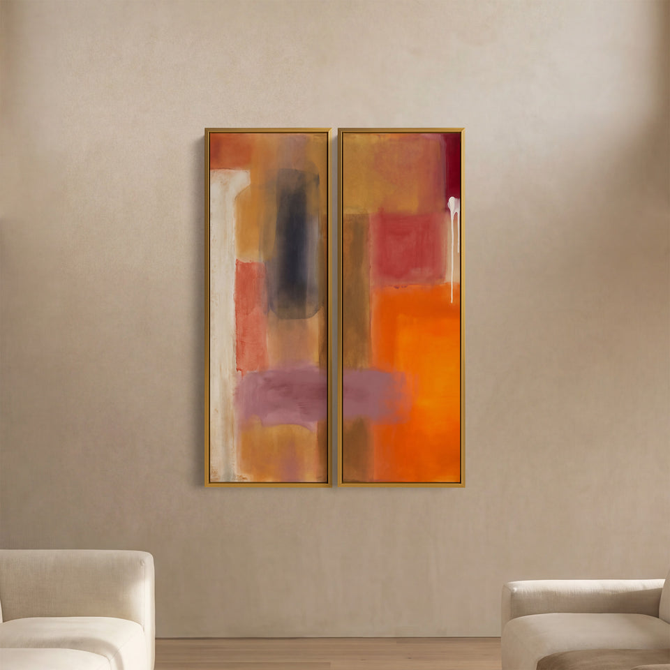 Hoge verticale wanddecoratieset van 2 met rode en gele kleurvlakken, eetkamer