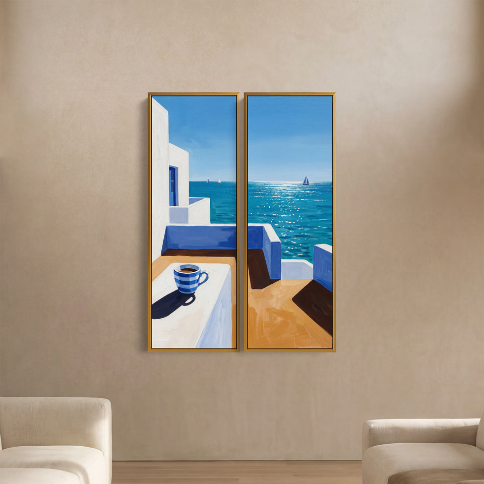 Wall Art Set Of 2 Coffee Cup On A Whitewashed Terrace Kitchen Sea View