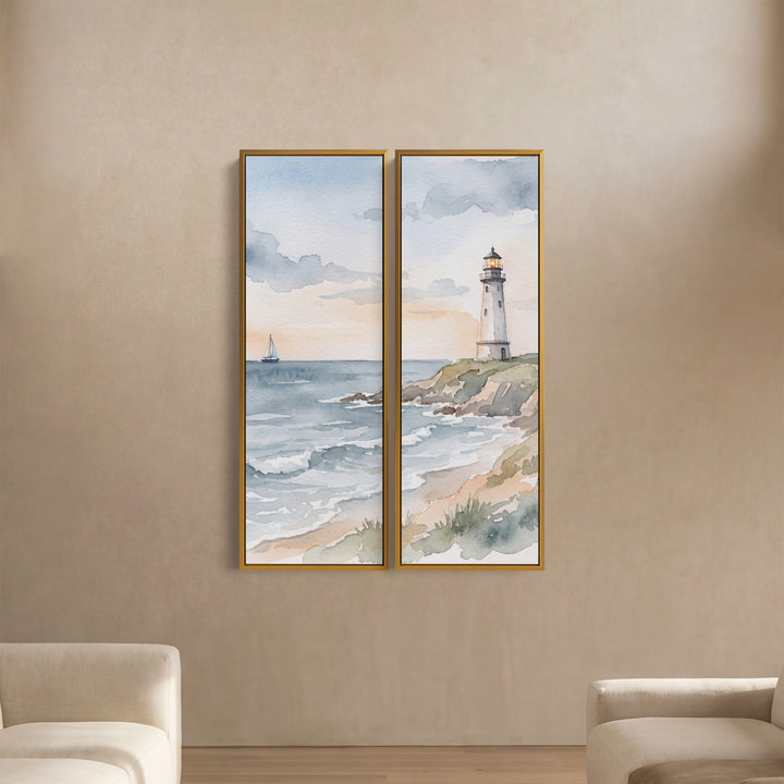 Ensemble de 2 tableaux muraux verticaux représentant un phare sur un promontoire, voilier au loin, pour couloir