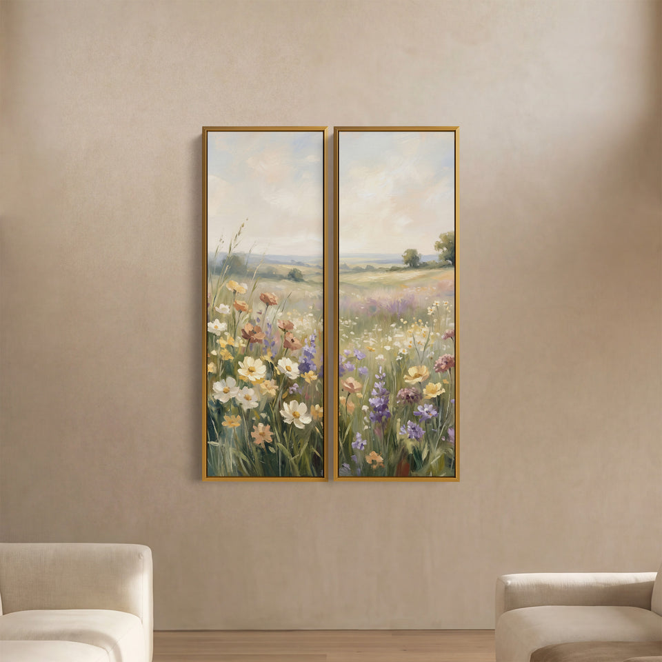 2-teiliges Wandbild „Cremefarbene Kosmeenwiese“, Schlafzimmer, grünes Feld und entfernte Bäume