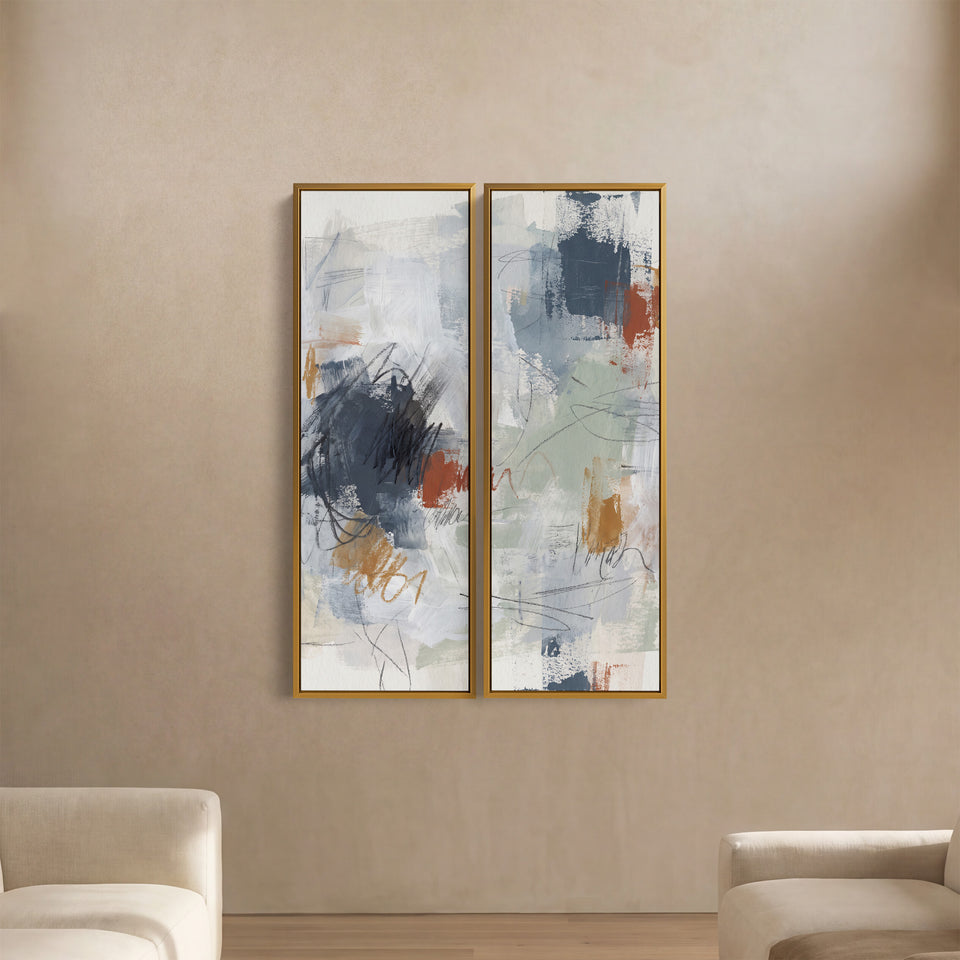 Hochformatiges Wandkunst-Set aus 2 Teilen mit grauen Pinselstrichen und Bleistiftlinien für den Flur