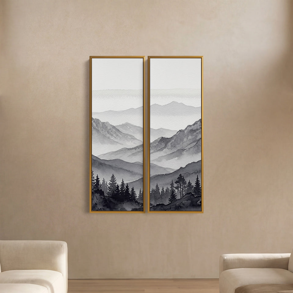 Wanddecoratieset van 2 grijze bergruggen en dennentoppen, woonkamer, monochroom